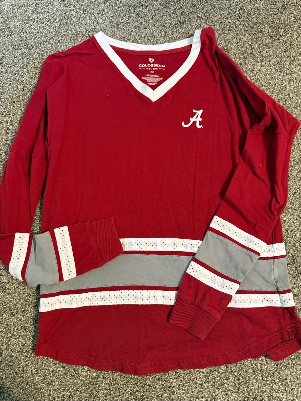 Colosseum Red Long-Sleeve V-Neck Top with Gray & White Stripes